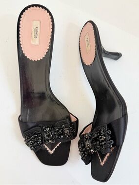 Prada Y2K Archive Satin Black Beaded Bow Kitten Heel mule EU 39.5